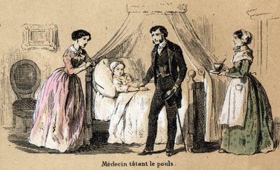 Beskrivelse af de fem sanser: berøring, en læge, der tager pulsen på en syg pige. Tavle "" Les cinq sens"" i "" les Recreations instructives"" Synoptisk maleri af Jules Delbruck, stik fra 1860. Privat samling. af French School