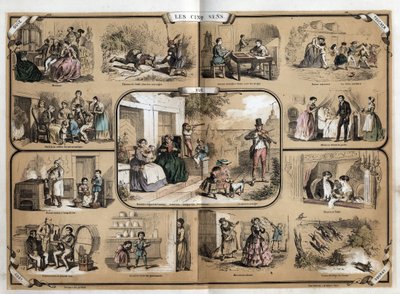 Beskrivelse af de fem sanser: syn, fra venstre mod højre og fra top til bund, hørelse, berøring, lugt og smag. Tavle "" Les cinq sens"" i "" les Recreations instructives"" Synoptisk maleri af Jules Delbruck, stik fra 1860. Privat samling. af French School