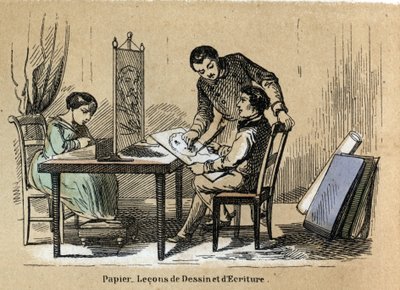 Beskrivelse af de forskellige produkter og anvendelser af papir: en tegne- og skrivebane. Tavle "" Le papier et ses produits"" i "" les Recreations instructives"" Synoptisk maleri af Jules Delbruck, stik fra 1860. Privat samling. af French School