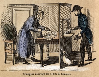 Beskrivelse af de forskellige produkter og anvendelser af papir: en transaktion i banken, en bankmand modtager papirsedler. Tavle "" Le papier et ses produits"" i "" les Recreations instructives"" Synoptisk maleri af Jules Delbruck, gravering fra 1860. Pri af French School