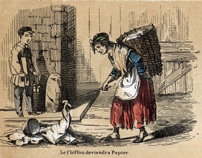 Beskrivelse af de forskellige produkter og anvendelser af papir: samlingen af gamle klude, som papiret stammer fra. Tavle "" Le papier et ses produits"" i "" les Recreations instructives"" Synoptisk maleri af Jules Delbruck, gravering fra 1860. Privat af French School