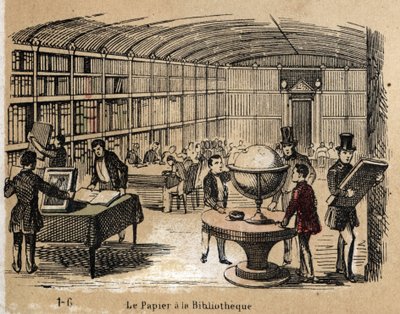 Beskrivelse af de forskellige produkter og anvendelser af papir: billede af et bibliotek med papirværker. Tavle "" Le papier et ses produits"" i "" les Recreations instructives"" Synoptisk maleri af Jules Delbruck, stik fra 1860. Privat samling. af French School