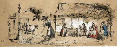 Beskrivelse af koens forskellige produkter og anvendelser: scene for dagliglivet i en landsby. Tavle "" La coache et ses produits"" i "" les Recreations instructives"" Synoptisk maleri af Jules DELBRUCK, stik fra 1860. Privat samling. af French School