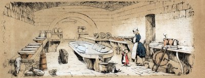 Beskrivelse af koens forskellige produkter og anvendelser: billede af et mejeri, der fremstiller ost. Tavle "" La coache et ses produits"" i "" les Recreations instructives"" Synoptisk maleri af Jules DELBRUCK, stik fra 1860. Privat samling. af French School