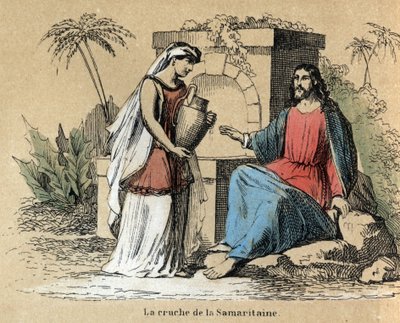 Beskrivelse af de forskellige stadier af fremstilling og brug af ler: Jesus og samaritaner bærer en lerkande i Bibelen. Tavle "" Leret og dets produkter"" i "" Les Recreations instructives"" Synoptisk maleri af Jules DELBRUCK, gravering fra 1860. Privat af French School