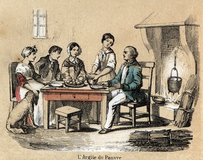 Beskrivelse af de forskellige stadier af fremstilling og anvendelse af ler: brugen af ler hos de fattige praktikanter, en familie genforenet ved bordet, der spiste i lertallerkener af middelmådig kvalitet. Plade "" Leret og dets produkter"" i "" Les Recrea af French School