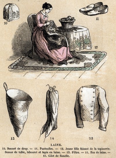 Beskrivelse af de forskellige anvendelser og produkter af får: gobelin og uldprodukter, hat, hjemmesko, uldstrømper, flannelvest. Tavle "" Les Moutons"" i "" les Recreations instructives"" Synoptisk maleri af Jules DELBRUCK, gravering fra 1860. Privat af French School