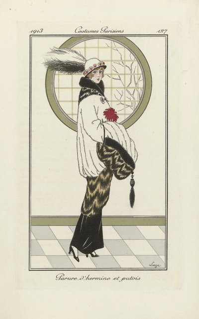 Design til Hermelin- og Ildkat-ensemble, fra Costumes Parisien, pub.1913 (pochoir print) af French School
