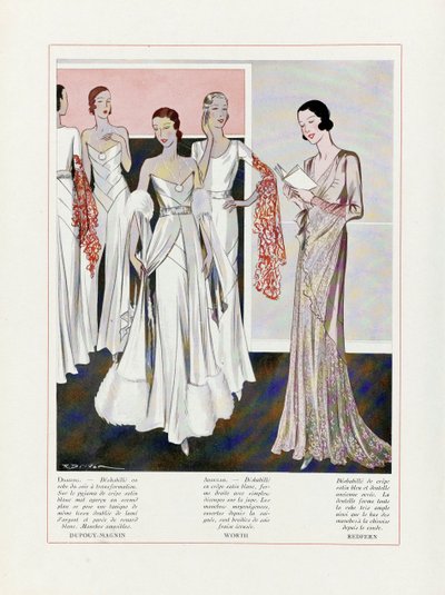 Design til aftenkjoler af Depouy-Magnin, Worth og Redfern, pub. 1931 farvelitografi. af French School
