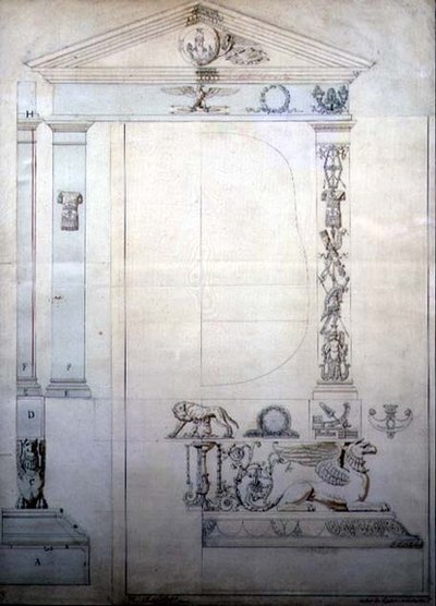 Design til et Cheval-spejl, ca. 1815 (pen & blæk og akvarel på papir) af French School