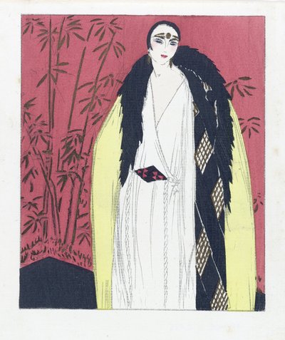 Design til en aftenkjole med pelsbeklædt kappe, pub. 1924 (pochoir-tryk) af French School