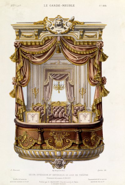 Design til interiør og eksteriør af en teaterboks, illustration fra magasinet Le Garde-Meuble, ca. 1860 af French School