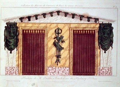 Design til facaden på en slagterbutik, fra en serie af de bedst dekorerede kommercielle bygninger i Paris, ca. 1810 (farve litho) af French School