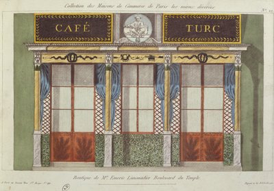 Design til facaden på Cafe Turc, fra en serie, der viser de bedst dekorerede kommercielle bygninger i Paris, ca. 1810 af French School