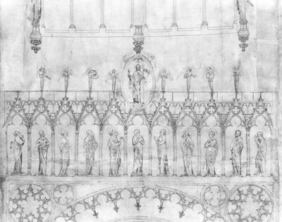 Design til kongegalleriet på facaden af Strasbourg-katedralen, ca. 1380 (pen & blæk & gouache på papir) (detalje) (se 207686) af French School