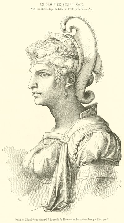 Tegning af Michelangelo opbevaret på galleriet i Firenze (gravering) af French School