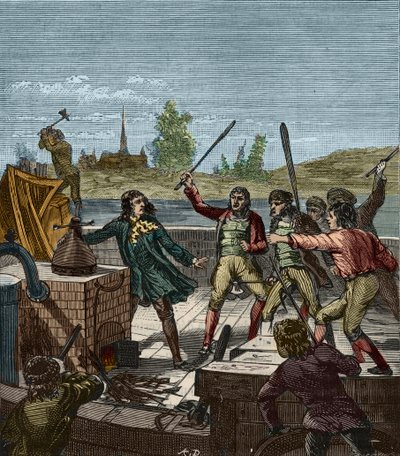 Ødelæggelse af Papins dampbåd - Denis Papin (1647-1712) ser sin hjuldamper ødelagt af bådsmændene i Muenden i 1707 - Les Bateliers de Munden smadre dampbåden af Denis Papin (1647-1712) - Indgravering i "" Videnskaber sat ved rækkevidde Af alle - af French School