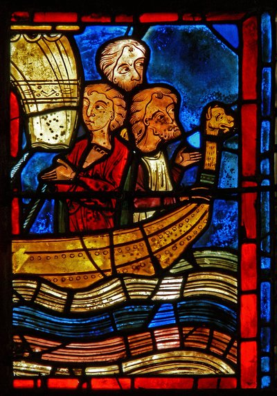 Detalje fra et vindue, der viser scener fra St. Mary den egyptiske liv af French School