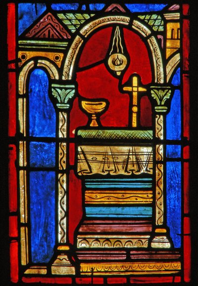 Detalje fra et vindue, der viser scener fra St. Mary den egyptiske liv af French School