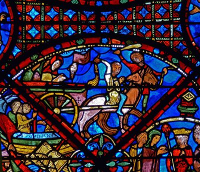 Detalje fra et vindue, der viser scener fra St. Stephens liv: hest og vogn af French School