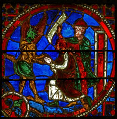 Detalje fra et vindue, der viser scener fra Theophilus