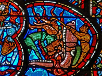 Detalje fra et vindue, der forestiller den sidste dom: Helvedes mund af French School