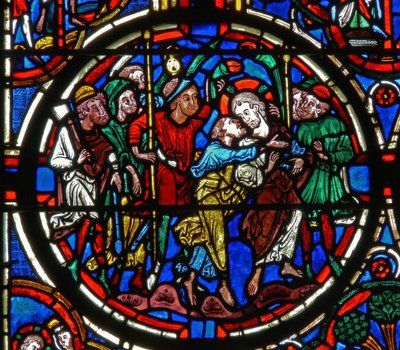 Detalje fra et vindue, der viser lidenskaben: Judas-forræderi af French School