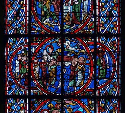 Detalje fra et vindue, der forestiller begravelsen, fra Jomfru Marias død og himmelfart af French School