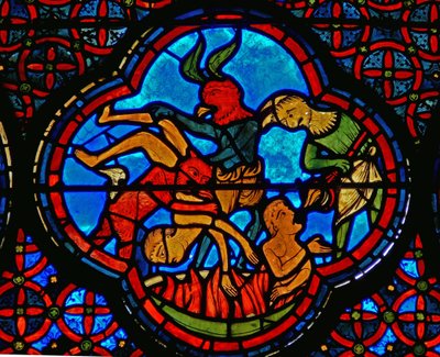 Detalje fra et vindue, der viser lignelsen om Lazarus og Dives: den rige mand i helvede af French School