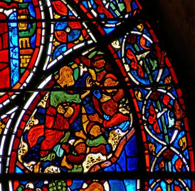 Detalje fra et vindue, der viser lignelsen om den barmhjertige samaritaner: Gud skaber englene af French School