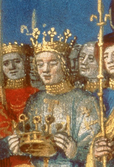 Detalje af Fr 6465 f.247v Kroningen af Ludvig VIII (1187-1226) og Blanche de Castilla i Reims i nærværelse af kongen af Jerusalem (vellum) (detaljer fra 38990) af French School