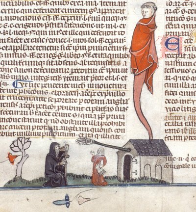 Detalje af en bas-de-page scene af en eremit, der sidder uden for et værtshus og drikker ale, ca. 1300-40 (blæk på pergament) af French School