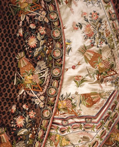Detail of a magnificent suit of brown cut velvet, comprising coat, breeches & waist of ivory satin embroidered en suite, c.1760dani af French School