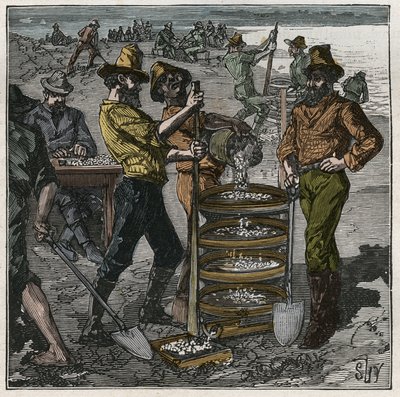 Diamantvask i Sydafrika i det 19. århundrede. Indgravering fra 1885 i "" Les arts et metiers illustres"" af Adolphe BITARD. af French School