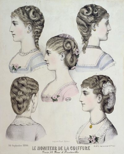 Forskellige frisurer, tallerken fra Le Moniteur de la Coiffure, 1880 af French School
