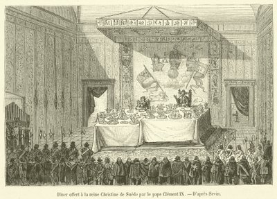 Middag tilbudt dronning Christina af Sverige af pave Clemens IX (gravering) af French School