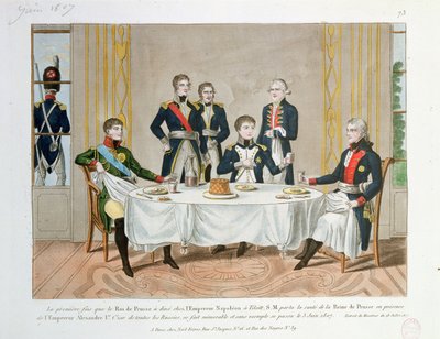 Middag i Tilsit mellem Frederik Vilhelm III af Preussen, zar Alexander I af Rusland og Napoleon, som løfter en skål for Dronningen af Preussen, 3. juni 1807 af French School