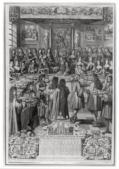 Middag for Ludvig XIV (1638-1715) på Hotel de ville, 30. januar 1687, fra kalenderen for året 1688 af French School