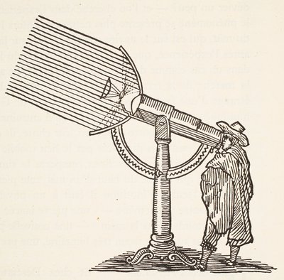 Dioptrisk teleskop, kopi af en gravering af Boris Mestchersky (d.1957), illustration fra Histoire de la Nation Francaise, Sciences, bind I & II, af Gabriel Hanotaux (1853-1944), 1924 af French School