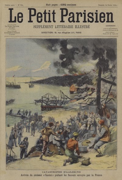 Katastrof brand ved Ålesund Norge (farve litho) af French School