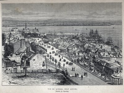 Oplev Canada: udsigt over Quebec City i slutningen af det 19. århundrede. Barclay tegning. Indgravering fra slutningen af det 19. århundrede i "La nouvelle France" af Eugene Guenin. af French School