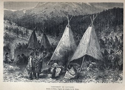 Opdaget Canada: American Indian Camp med tipier. Tegning af Riou efter en skitse af Dixon. Indgravering fra slutningen af det 19. århundrede i "La nouvelle France" af Eugene Guenin. af French School