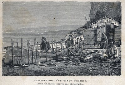 Opdaget Canada: konstruktion af en barkkano. Tegning af Bassot efter fotografi. Indgravering fra slutningen af det 19. århundrede i "La nouvelle France" af Eugene Guenin. af French School