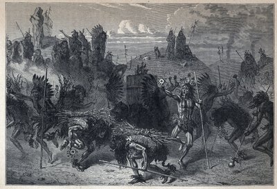 Opdagede Canada: bisonens dans i Mondanes. Indgravering fra slutningen af det 19. århundrede i "La nouvelle France" af Eugene Guenin. af French School