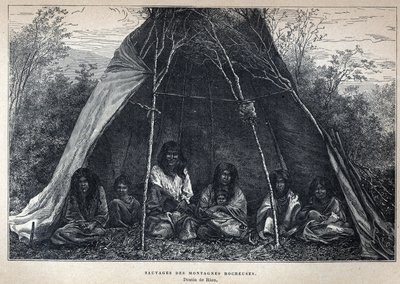 Opdaget fra Canada: Amerikanske indianere, der bor i Rockies. Indgravering fra slutningen af det 19. århundrede i "La nouvelle France" af Eugene Guenin. af French School