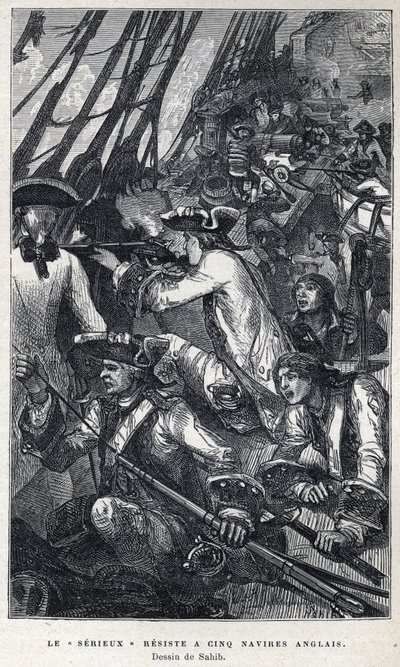 Opdaget fra Canada: Jacques Pierre de Taffanel de la Jonquiere (1685-1752) fransk flådeofficer i spidsen for det franske skib "" Le serieux"" gjorde modstand mod fem engelske skibe. Tegning af Sahib. Stik fra slutningen af 1800-tallet i “La nouvelle Fra af French School