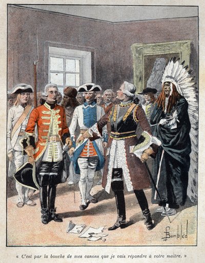 Opdaget fra Canada: Louis de Buade, greve af Frontenac (1622-1698) modtog udsendingen fra den engelske guvernør for kolonien Massachusetts (1651-1695) William Phips og svarede ham "" Det er ved mundingen af mine våben, at jeg vil svare din herre" af French School