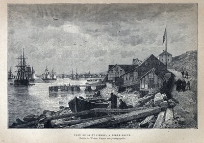 Opdaget fra Canada: St. Peters havn (St. Pierre) til Newfoundland, Newfoundland. Tegning af Weber ud fra et fotografi. Indgravering fra slutningen af det 19. århundrede i "La nouvelle France" af Eugene Guenin. af French School