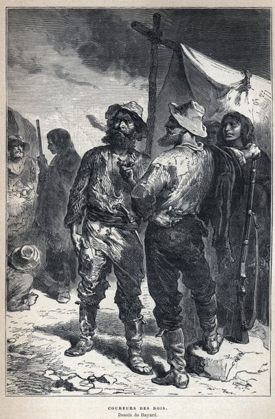 Opdaget fra Canada: coureur des bois (involveret i pelshandel med indianerne). Bayard tegning. Indgravering fra slutningen af det 19. århundrede i "La nouvelle France" af Eugene Guenin. af French School
