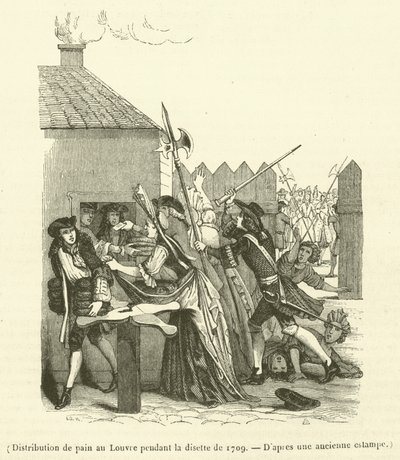 Uddeling af brød i Louvre under fødevaremanglen i 1709 (kobberstik) af French School